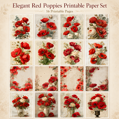 Red Poppies & Clipart Bundle – 84 Digital Files, 48 A4 Sheets + 36 Cliparts for Crafts (Instant Download)