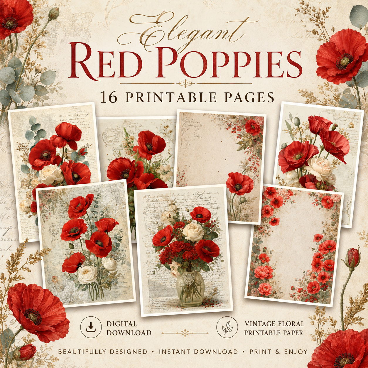 Elegant Red Poppies Printable Design Sheets – 16 A4 Digital Pages for Crafts (Instant Download)