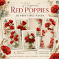 Elegant Red Poppies Printable Design Sheets – 16 A4 Digital Pages for Crafts (Instant Download)