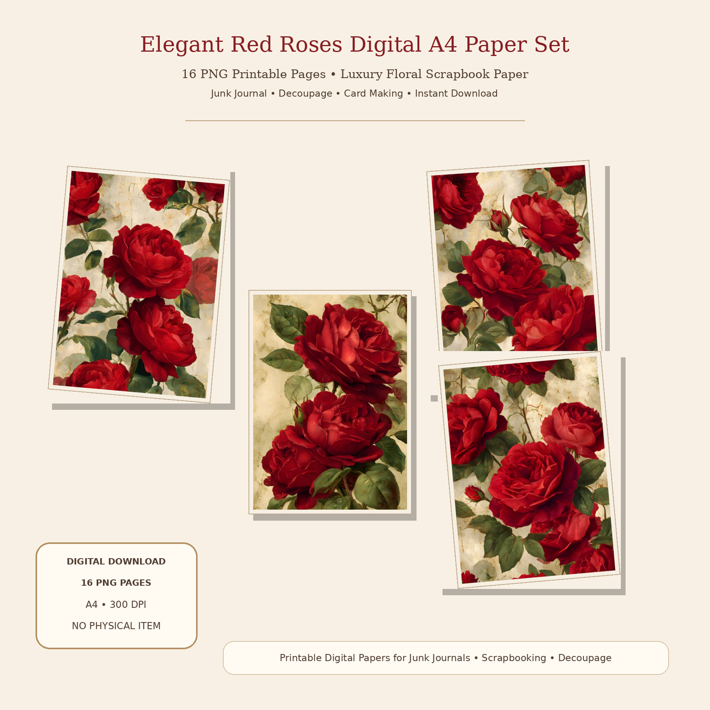 Elegant Red Roses Printable Design Sheets – 16 A4 Digital Pages for Crafts (Instant Download)