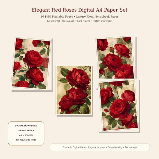 Elegant Red Roses Printable Design Sheets – 16 A4 Digital Pages for Crafts (Instant Download)