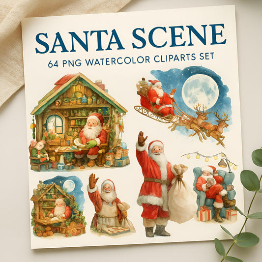 Watercolor Christmas Santa Scenes Clipart Set: 64 PNG Designs – Transparent Background – 300 DPI