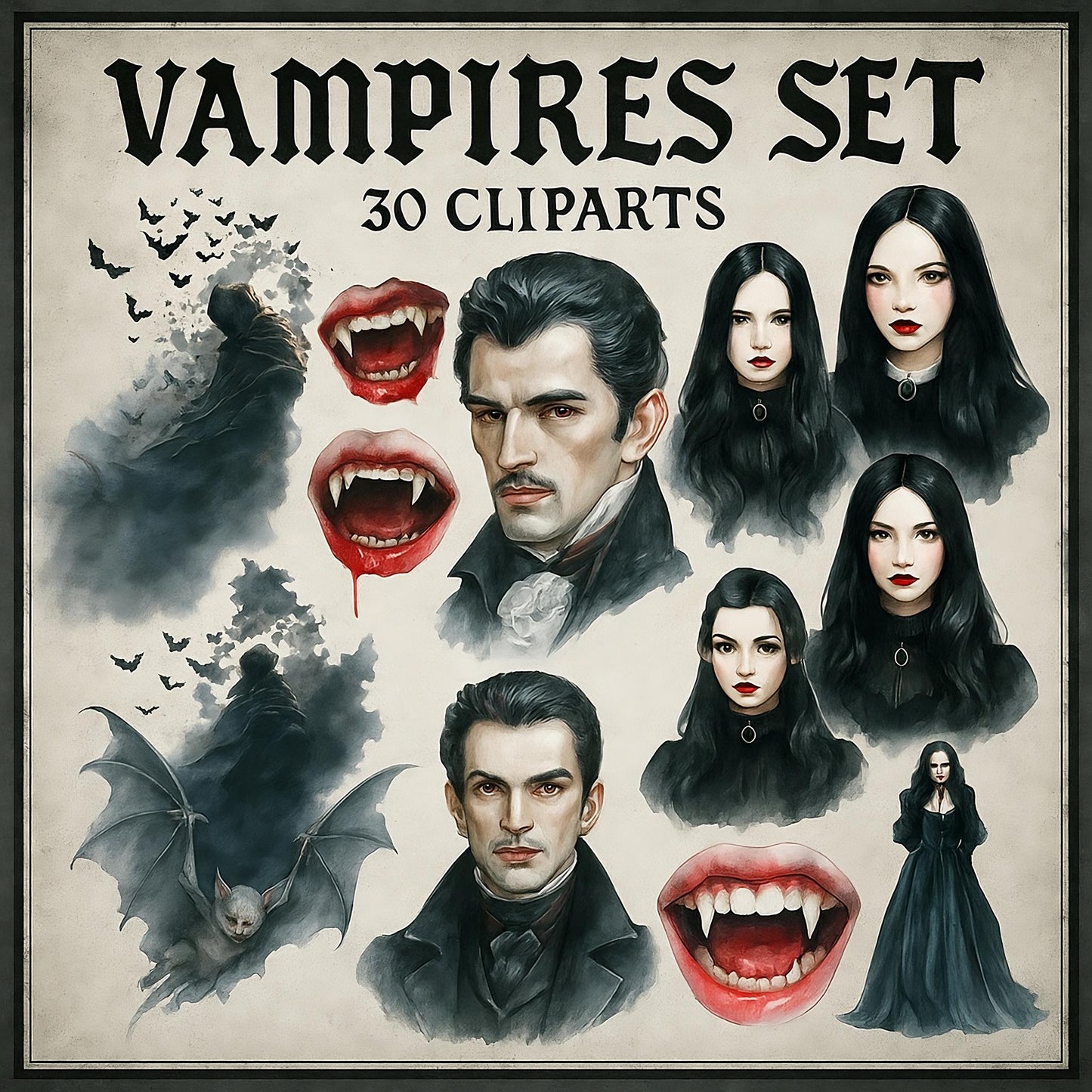 Watercolor Vampire Clipart Bundle: 30 PNG, Halloween Graphics (4096x4096 px, 300 DPI)