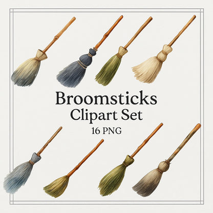 Watercolor Broomsticks Clipart Set: Halloween Witch Art (16 PNG)
