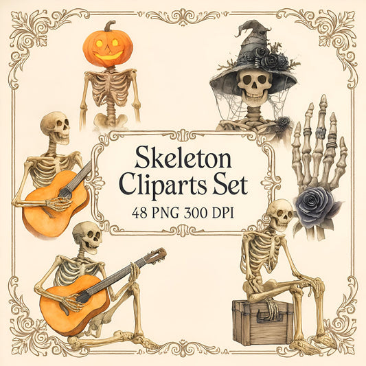 Skeleton Clipart Bundle – 48 PNG – Halloween Bones – Transparent – Watercolor Style – High Resolution