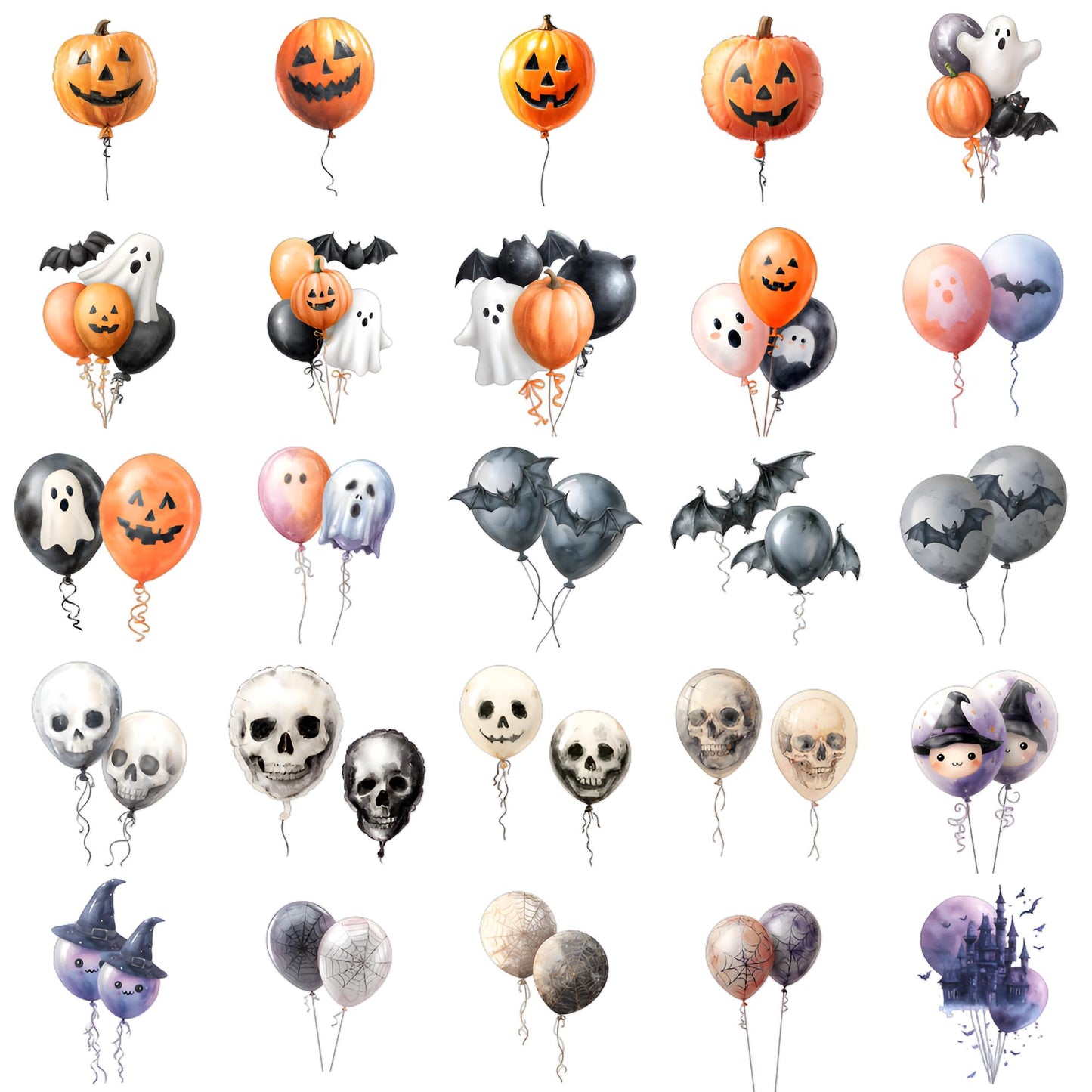 Watercolor Halloween Balloons Clipart: 25 PNG Spooky Party Decorations (Digital Download)
