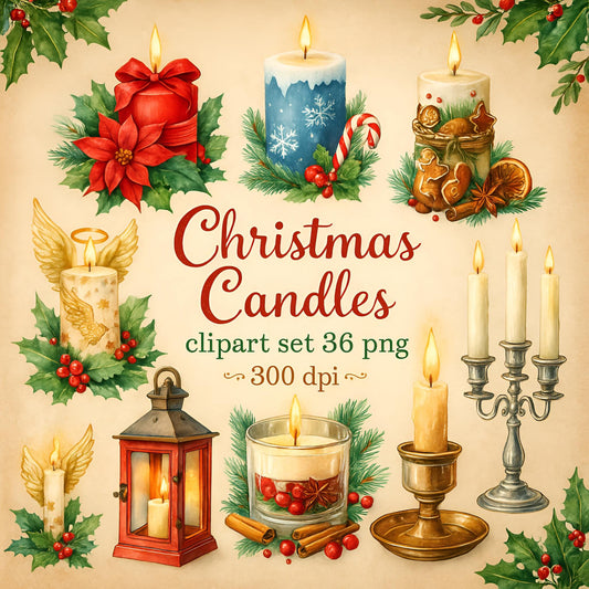 Watercolor Christmas Candles Clipart Set: 36 Holiday PNG Illustrations (Digital Download