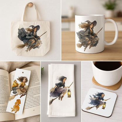Watercolor Witch Clipart: Broomstick 16 PNG Set (Digital Download)