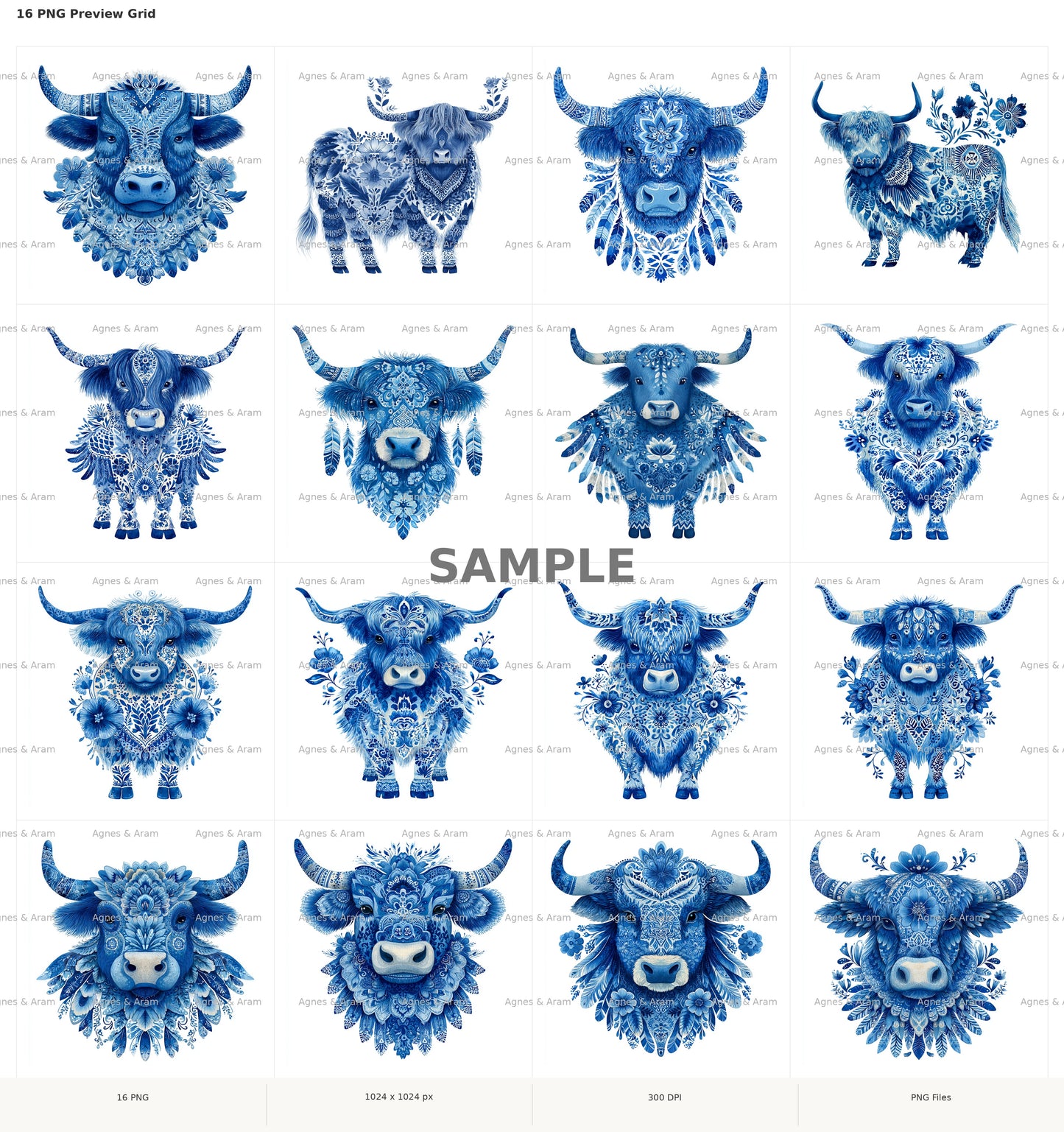 Folk Highland Cow Clipart Set: 16 PNG, Transparent Background Clipart (Instant Download)