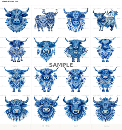 Folk Highland Cow Clipart Set: 16 PNG, Transparent Background Clipart (Instant Download)