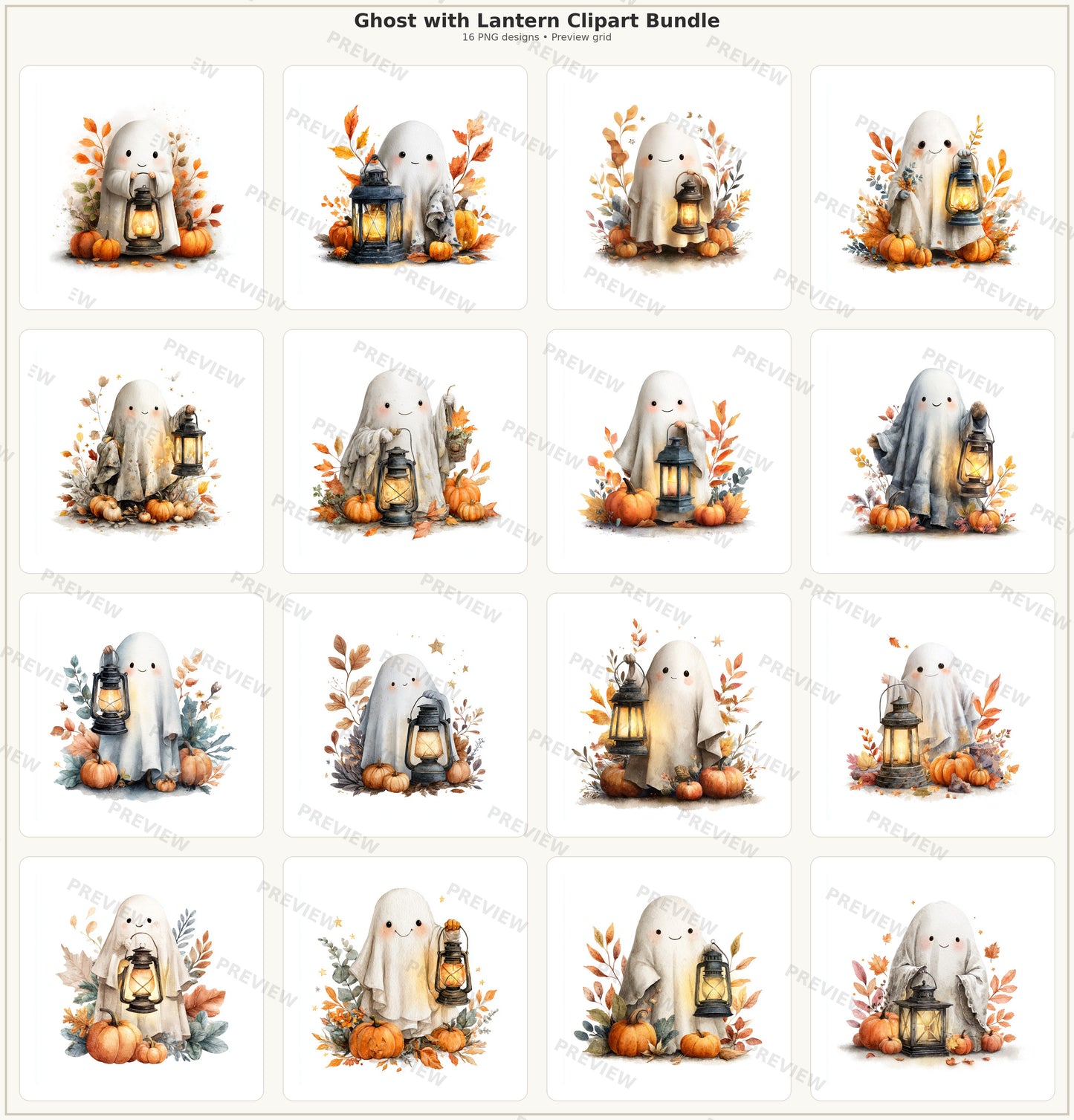 Ghost With Lanteren Clipart Set: 16 PNG, Transparent Background Clipart (Instant Download)