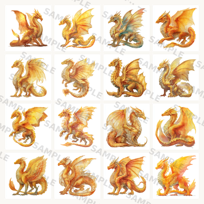 Golden Dragon Clipart Set: 16 PNG, Transparent Background Clipart (Instant Download)