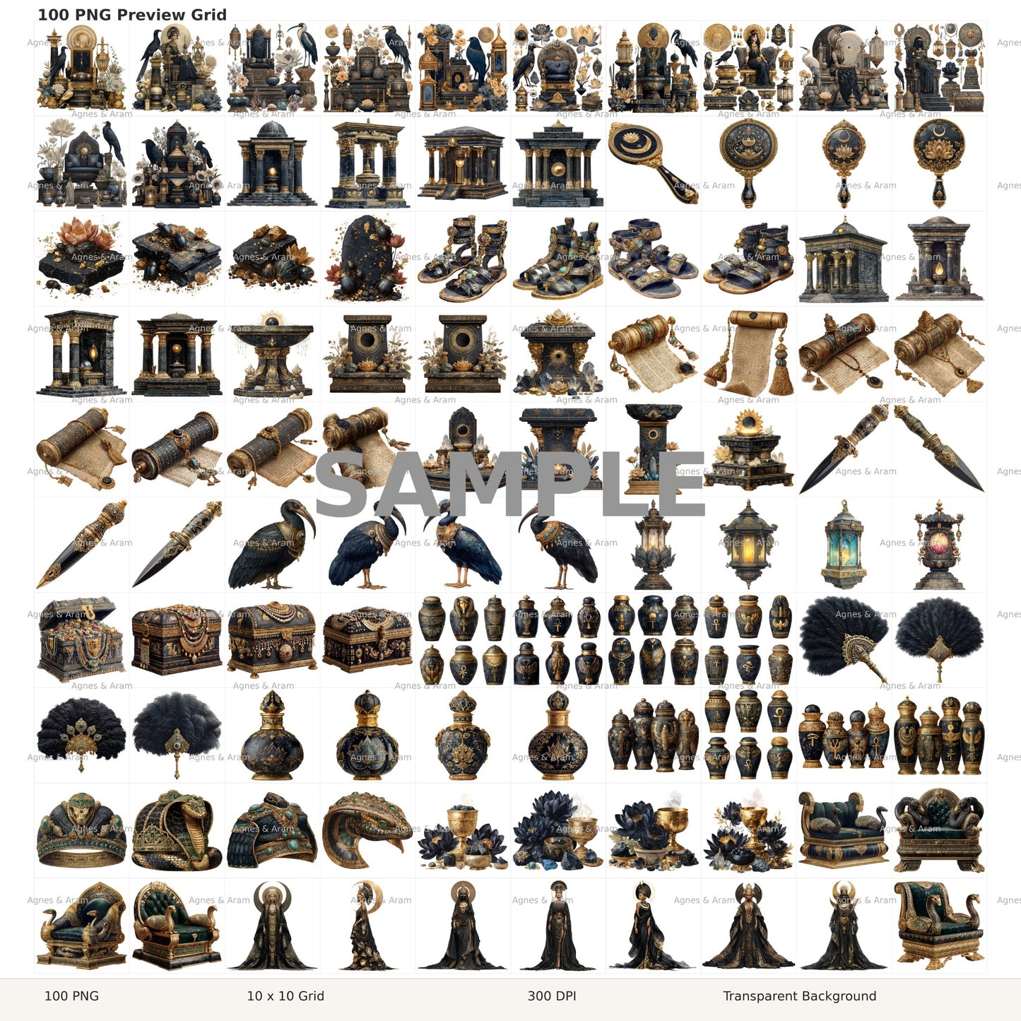 Dark Ancient Egypt Clipart Set: 100 PNG, Transparent Background Clipart (Instant Download)