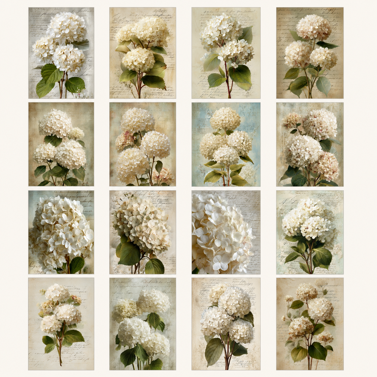 Ivory & Sage Hydrangeas Printable Design Sheets – 16 A4 Digital Pages for Crafts (Instant Download)