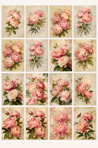 Blush Pink Peonies Printable Design Sheets – 16 A4 Digital Pages for Crafts (Instant Download)