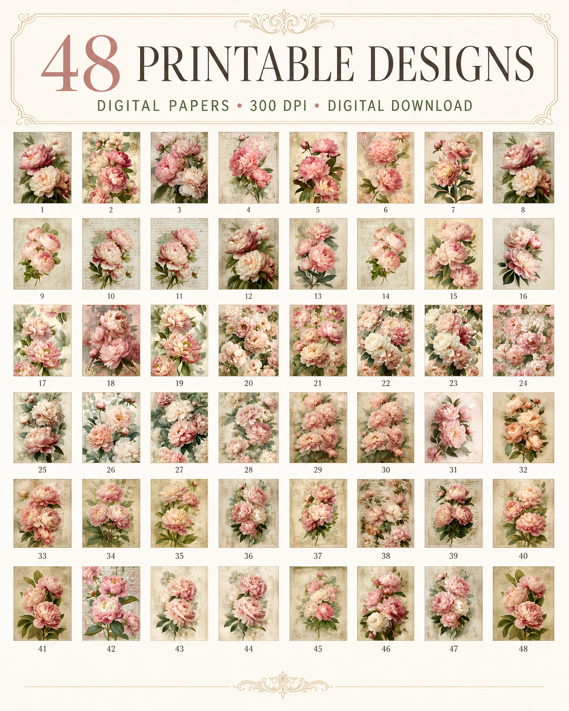 Blush Pink Peonies Printable Design Sheets – 48 A4 Digital Pages for Crafts (Instant Download)