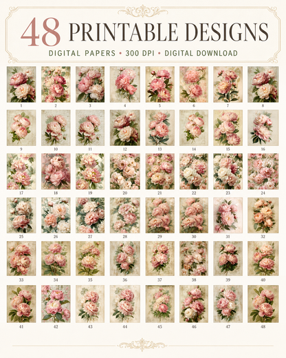 Blush Pink Peonies Printables & Clipart Bundle – 84 Digital Files, 48 A4 Sheets + 36 Cliparts for Crafts (Instant Download)
