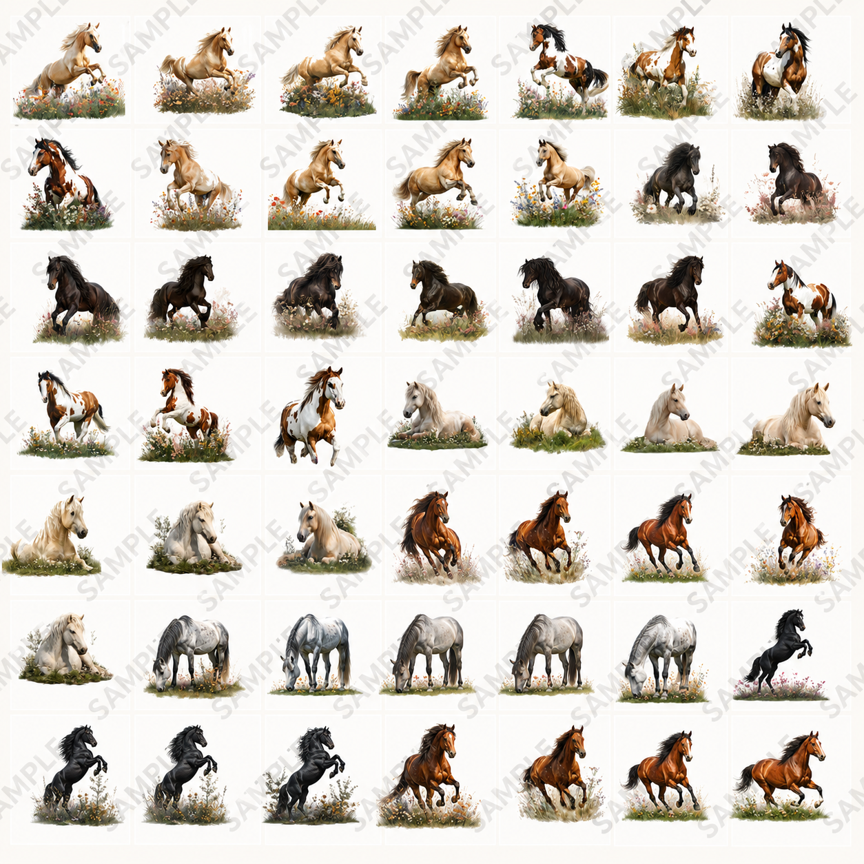 Horses In Meadow Clipart Set: 49 PNG, Transparent Background Clipart (Instant Download)