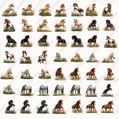 Horses In Meadow Clipart Set: 49 PNG, Transparent Background Clipart (Instant Download)