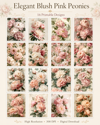 Blush Pink Peonies Printable Design Sheets – 48 A4 Digital Pages for Crafts (Instant Download)