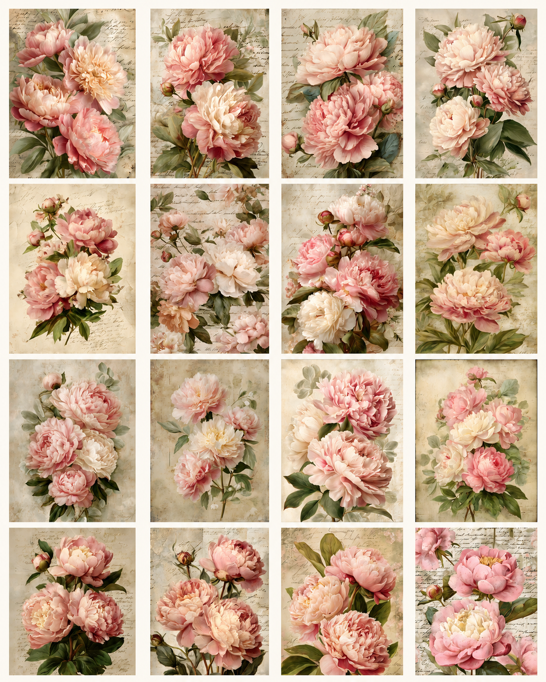 Blush Pink Peonies Printable Design Sheets – 48 A4 Digital Pages for Crafts (Instant Download)
