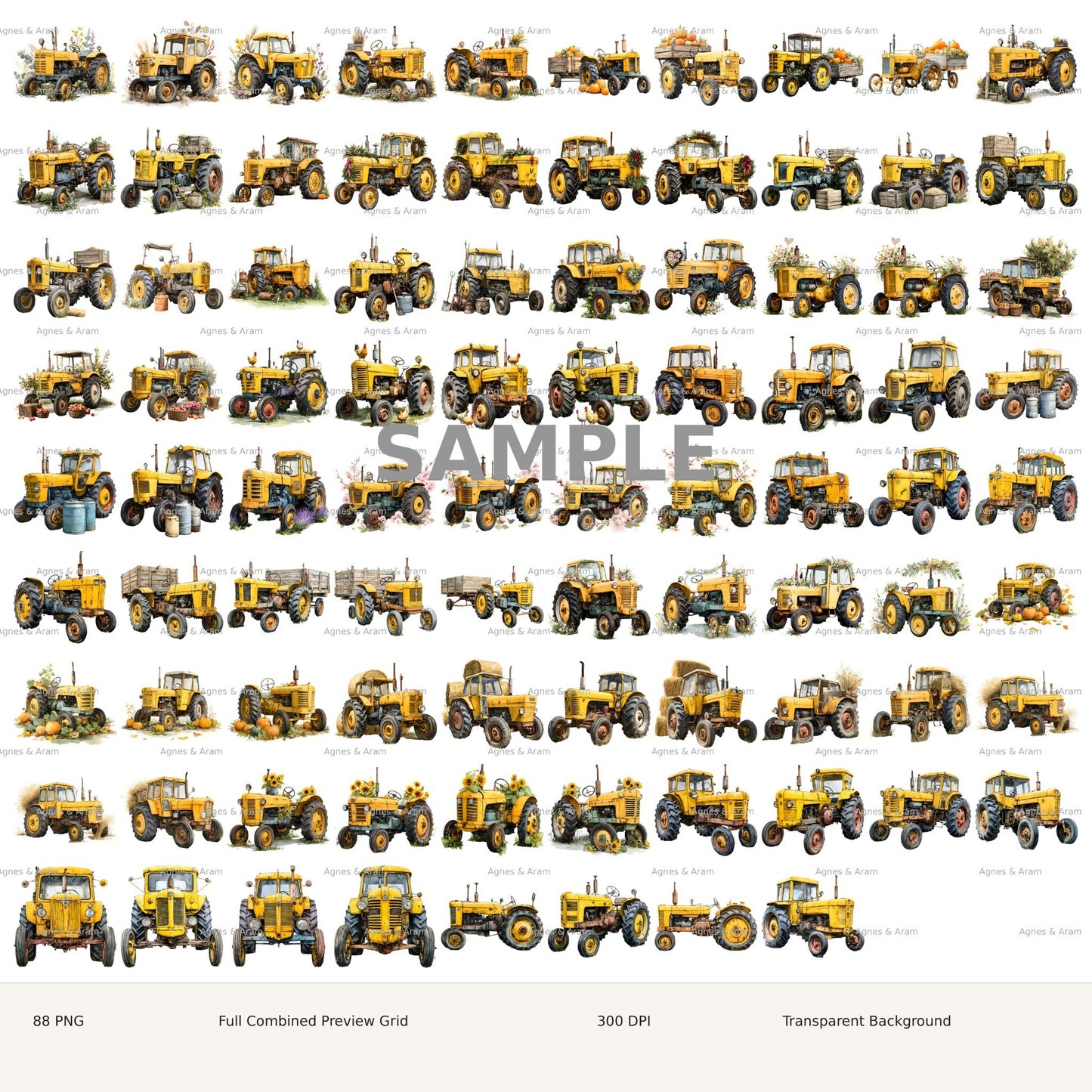Yellow Tractor Clipart Set: 88 PNG, Transparent Background Clipart (Instant Download)