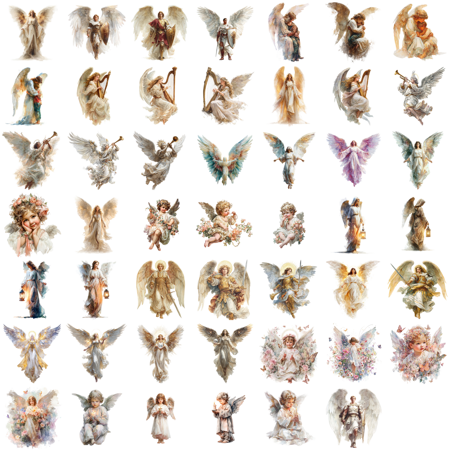 Watercolor Guardian Angels Clipart Set: 48 PNG Designs with Transparent Background (Digital Download)