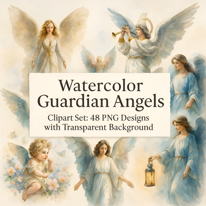 Watercolor Guardian Angels Clipart Set: 48 PNG Designs with Transparent Background (Digital Download)