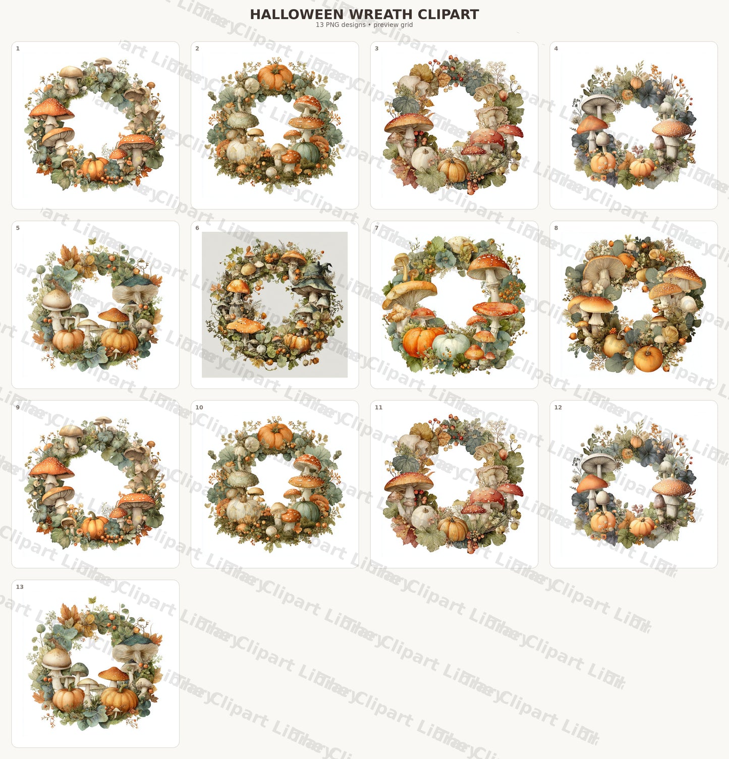 Halloween Wreath Clipart Set: 13 PNG, Transparent Background Clipart (Instant Download)