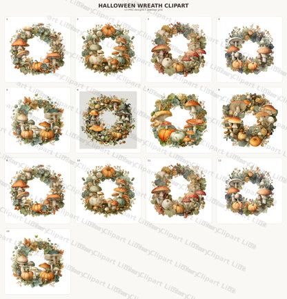 Halloween Wreath Clipart Set: 13 PNG, Transparent Background Clipart (Instant Download)