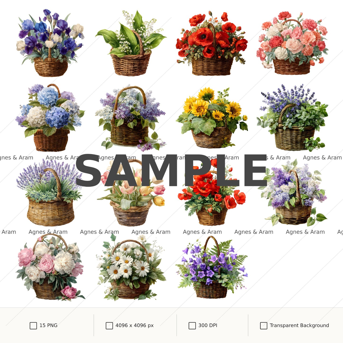Flower Basket Clipart Set: 15 PNG, Transparent Background Clipart (Instant Download)