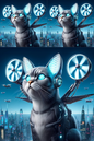 Sticker Sheet / Greeting Card – Cat Flies on Propellers No. 66 Cat. No. 66