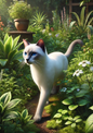 Wall Art Poster / Greeting Card / Sticker Sheet – White Siamese Cat In The Garden Full Cat. No. 1306