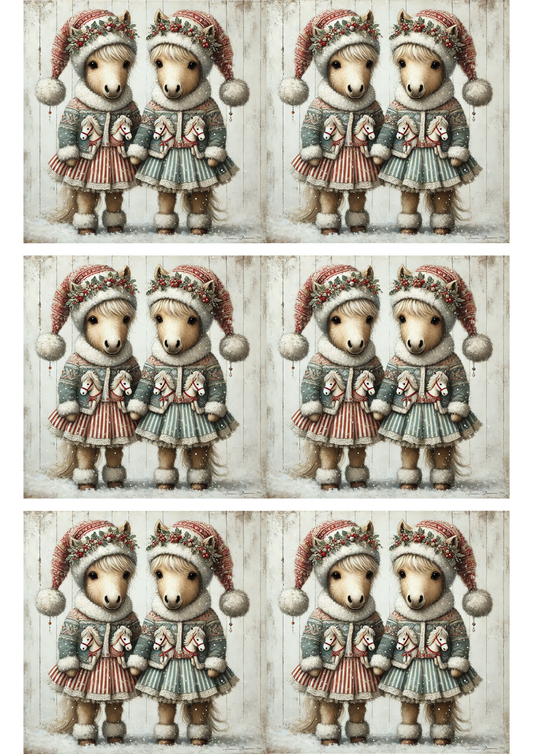 Sticker Sheet – Twin Ponies In Christmas Hats Shabby Chic Collage Cat. No. 3041