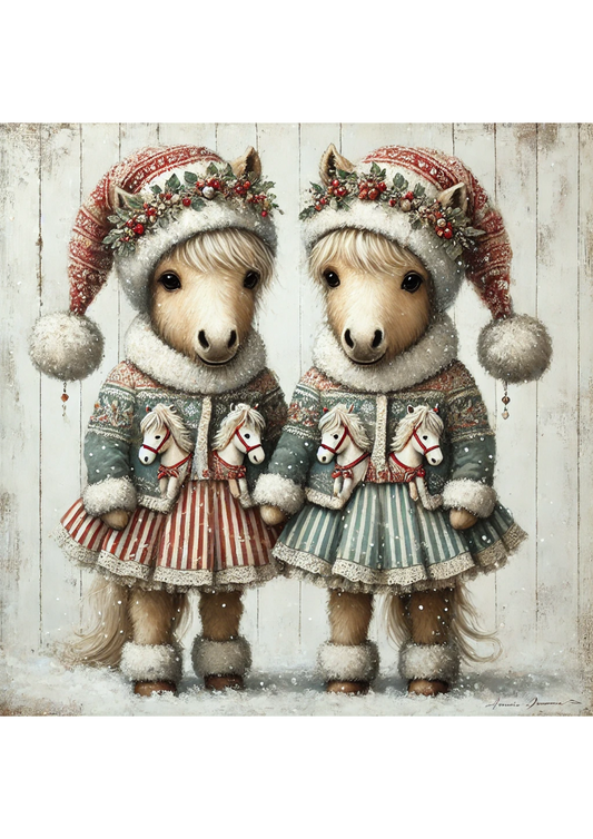 Sticker Sheet – Twin Ponies In Christmas Hats Shabby Chic Full Cat. No. 3042