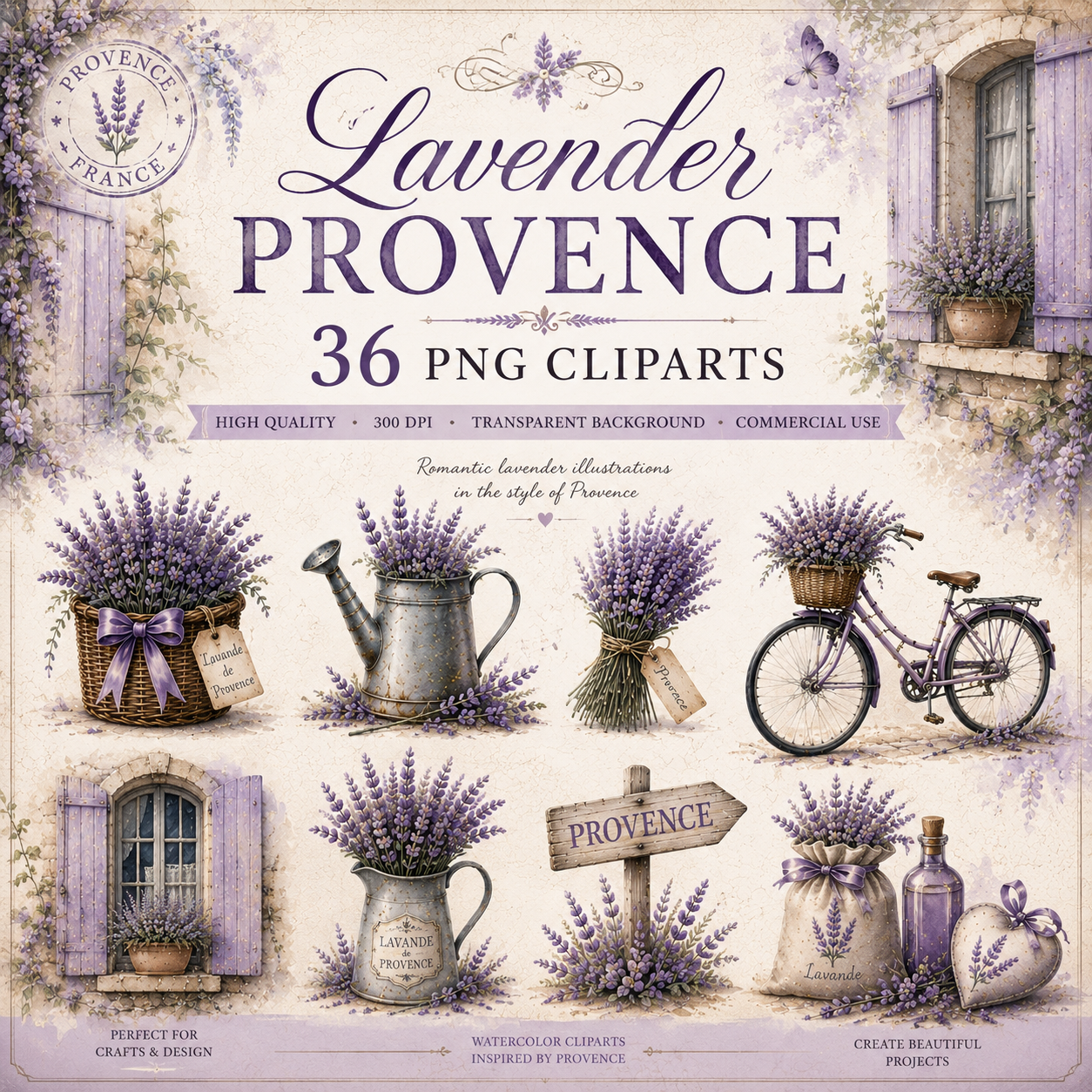 Lavender Printables & Clipart Bundle – 84 Digital Files, 48 A4 Sheets + 36 Cliparts for Crafts (Instant Download)
