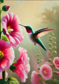 Wall Art Poster / Greeting Card / Sticker Sheet – Hummingbird and Hollyhocks Full, Cat. No. 2133