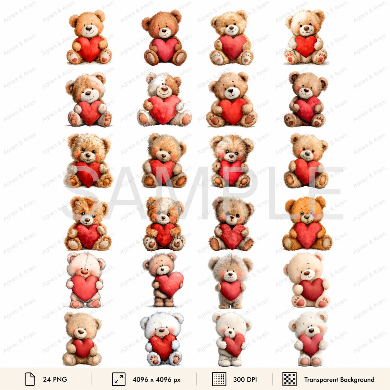 Teddy Bear With The Heart Clipart Set: 24 PNG, Transparent Background Clipart (Instant Download)