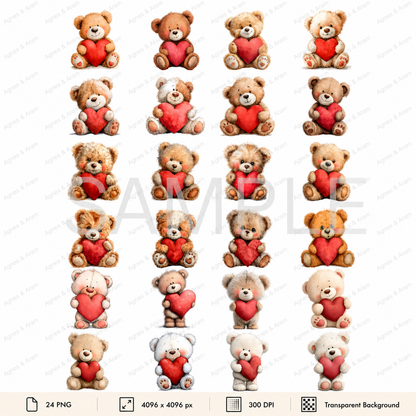 Teddy Bear With The Heart Clipart Set: 24 PNG, Transparent Background Clipart (Instant Download)