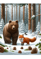 Wall Art Poster / Greeting Card / Sticker Sheet – Brown Bear and Fox in Winter Full Cat No. 1038