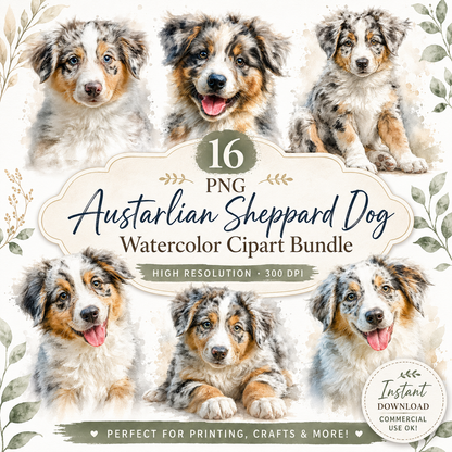 Australian Sheppard Dog Clipart Set: 16 PNG, Transparent Background Clipart(Instant Download)