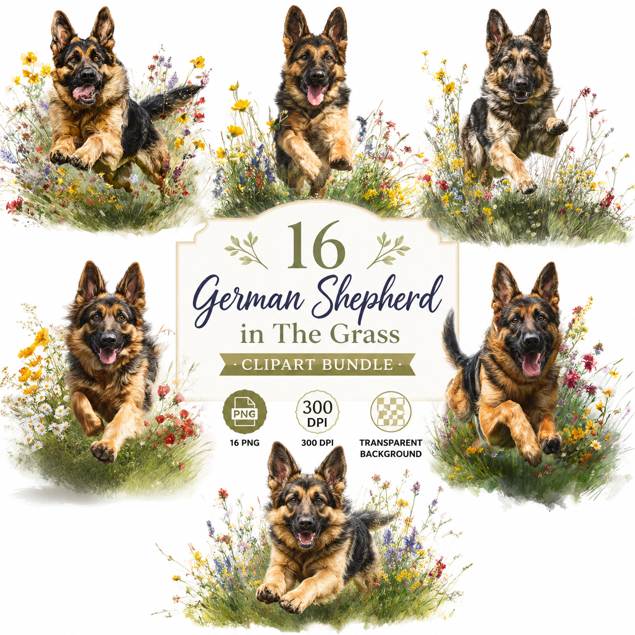 German Sheppard Dog Clipart Set: 16 PNG, Transparent Background Clipart (Instant Download)