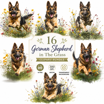 German Sheppard Dog Clipart Set: 16 PNG, Transparent Background Clipart (Instant Download)