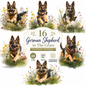 German Sheppard Dog Clipart Set: 16 PNG, Transparent Background Clipart (Instant Download)