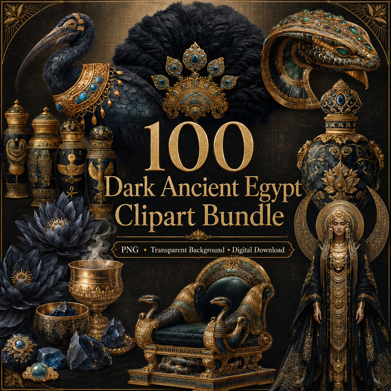 Dark Ancient Egypt Clipart Set: 100 PNG, Transparent Background Clipart (Instant Download)