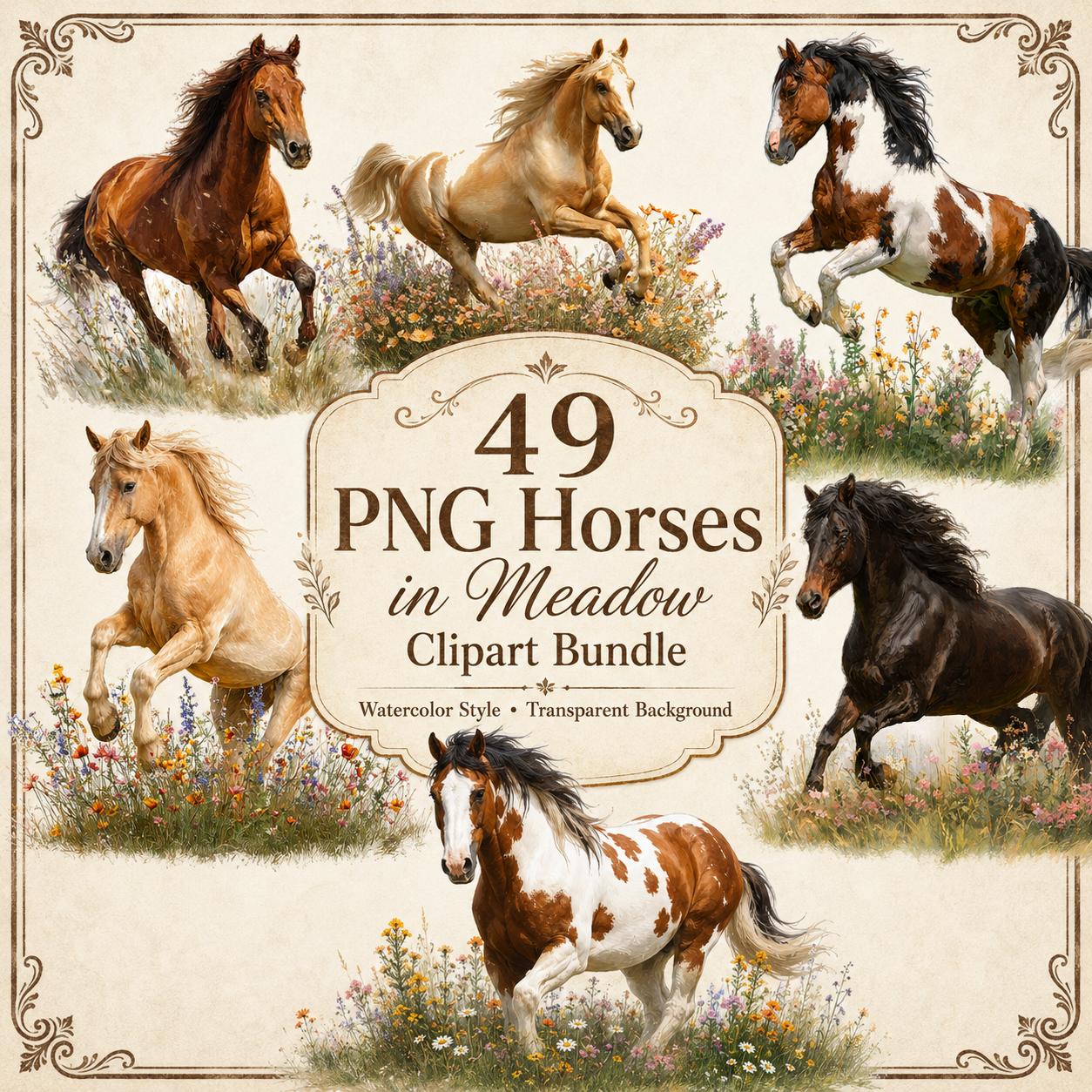 Horses In Meadow Clipart Set: 49 PNG, Transparent Background Clipart (Instant Download)