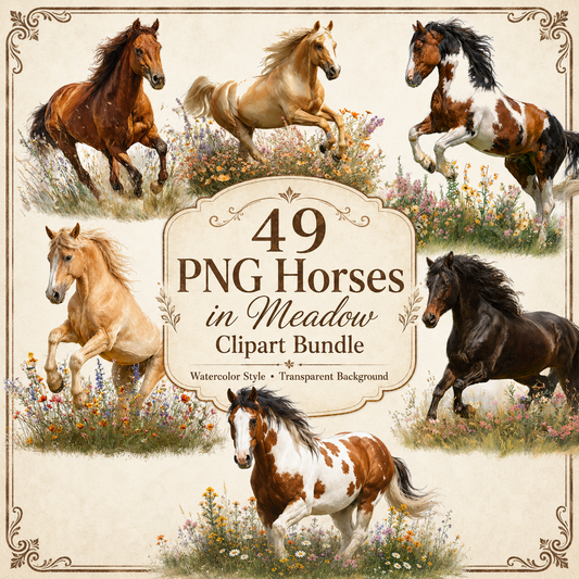 Horses In Meadow Clipart Set: 49 PNG, Transparent Background Clipart (Instant Download)