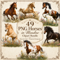 Horses In Meadow Clipart Set: 49 PNG, Transparent Background Clipart (Instant Download)