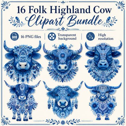 Folk Highland Cow Clipart Set: 16 PNG, Transparent Background Clipart (Instant Download)