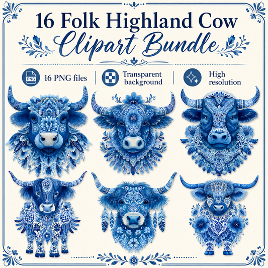 Folk Highland Cow Clipart Set: 16 PNG, Transparent Background Clipart (Instant Download)